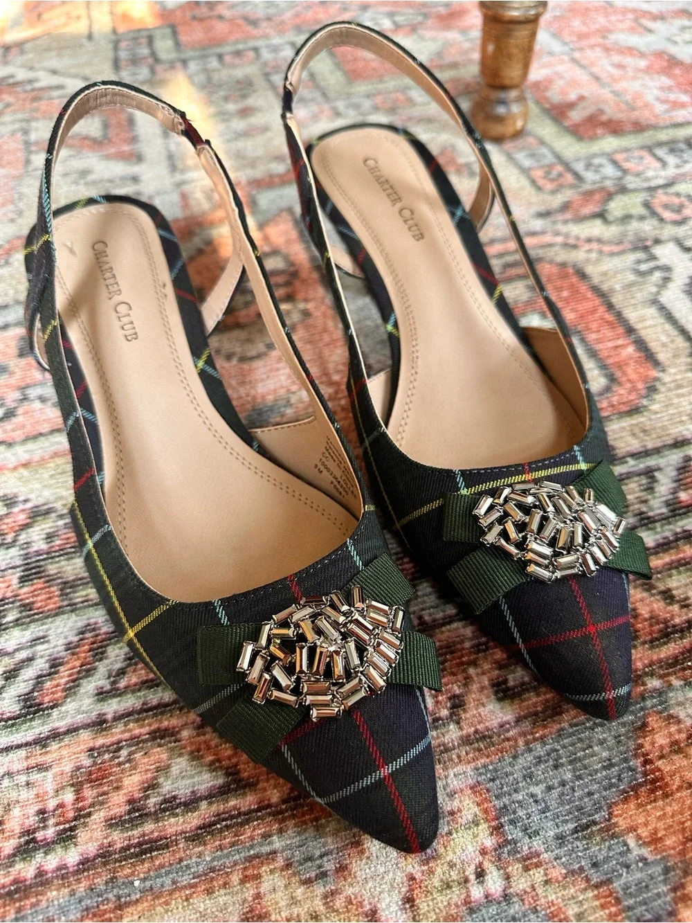 Charter Club Tartan Plaid Jeweled Bow Slingback Kitten Heels Pumps 9M